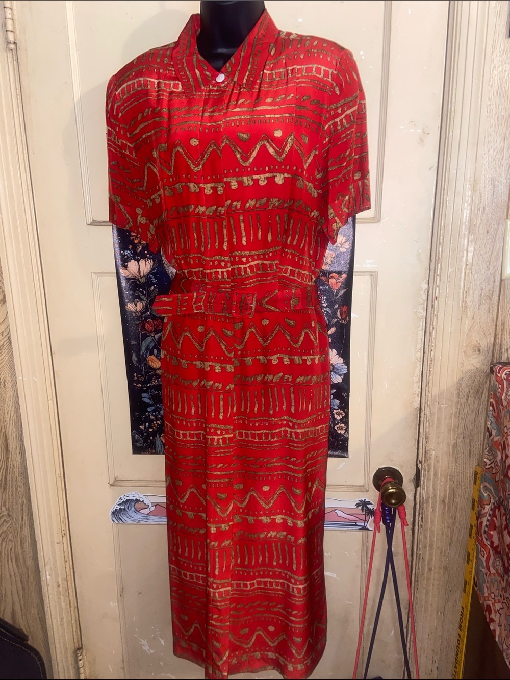 VTG RED & GOLD SILK DRESS Button Front Belted SPENSER JEREMY